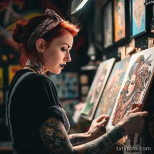 Фото тату-мастера, работающего над эскизом татуировки. Атмосфера тату-салона, творческий процесс и профессионализм.