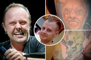 Фото тату с реалистичным портретом Джеймса Хетфилда, вокалиста Metallica, на руке. В композиции также присутствует изображение черепа.
