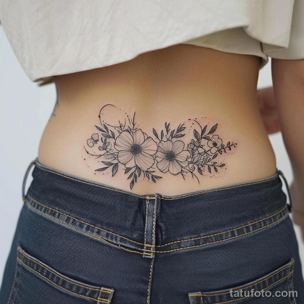 Интимное тату на фото - Abstract floral tattoo on the lower back style ra caac a af fecd - 080224 tatufoto.com 003