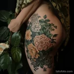 Фото тату: Цветная татуировка с изображением пионов и листьев, расположенная на бедре. Реалистичный стиль, яркие цвета, детализированная проработка.