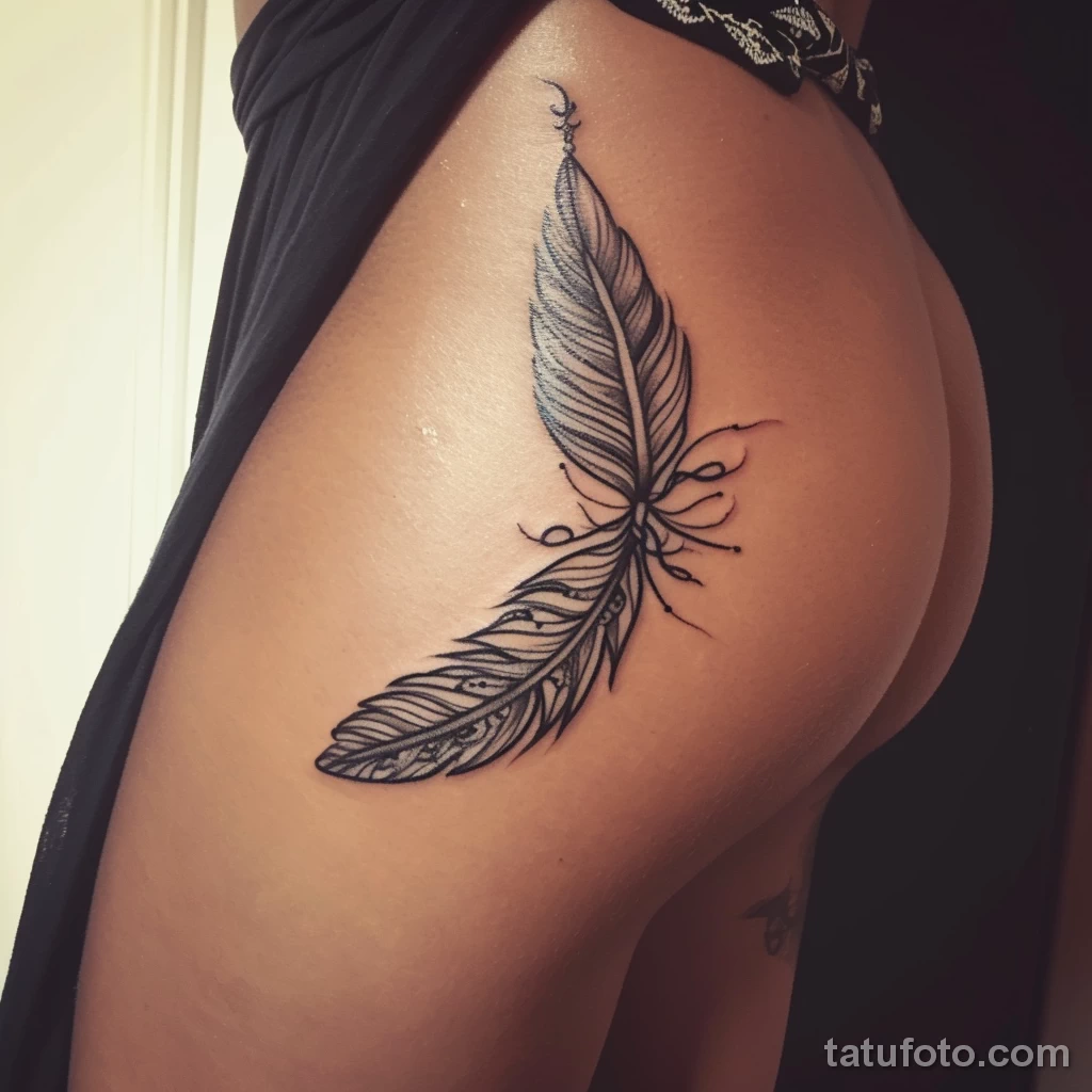 Интимное тату на фото - Feather tattoo along the hip line style raw sty eab e a e fafaf _1 - 080224 tatufoto.com 229