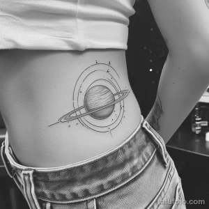 Фото тату: стильный рисунок планеты Сатурн в стиле line art на женской талии. Черно-белая татуировка, тонкие линии, геометрический дизайн, звезды.