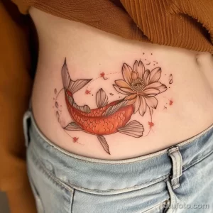 Фото тату карпа кои и лотоса на боку. Цветная татуировка с использованием красных, черных и белых оттенков.