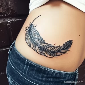 Фото тату: реалистичное изображение пера, выполненное в технике black and grey на женском боку. Детализированный рисунок татуировки.