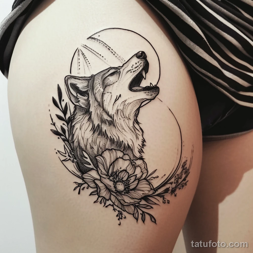 Интимное тату на фото - Wolf howling tattoo on the upper thigh style raw ab b c aa fcfb _1_2_3 - 080224 tatufoto.com 566