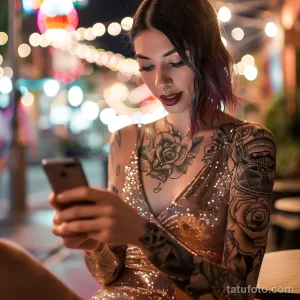 Фото тату на теле девушки, использующей смартфон на фоне ночного города. Цветные татуировки в стиле реализм и традиционные.