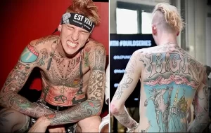 Фотография музыканта Machine Gun Kelly с татуировками на лице, шее, руках и груди. Разнообразие стилей и сюжетов.