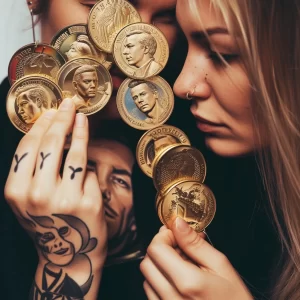 Фотография девушки с татуировками на предплечье, держащей золотые монеты. На лице девушки пирсинг.