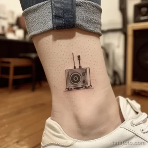 Фото тату минималистичного фотоаппарата на лодыжке. Простой и стильный рисунок татуировки, выполненный тонкими черными линиями. Идеально для любителей фотографии.