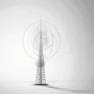 Минималистичный эскиз татуировки радиовышки, окруженной концентрическими волнами. Подходит для любителей технологий и радио.