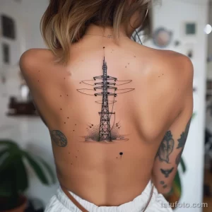 Фотография татуировки на спине с изображением радиовышки, выполненной в графичном стиле с использованием тонких линий и точек.
