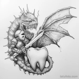 Татуировки с рисунком зуба или про стоматологию - TATTOO DRAWING of a tooth as a knight slaying a cavi fcf f b b faaea - 120224 tatufoto.com 071
