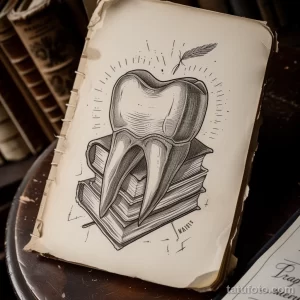 Черно-белый эскиз татуировки с изображением зуба, стоящего на стопке книг, украшенного пером и звездами. Романтичный и оригинальный дизайн.