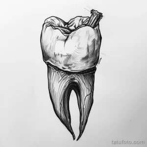 Черно-белое фото тату с изображением зуба, детально прорисованного в стиле графики. Видны корни, эмаль и трещины. Идеальный эскиз тату для любителей необычных рисунков.