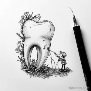 Фото тату: оригинальный рисунок зуба, из которого торчит маленький человечек с удочкой, выполненный в технике графики.