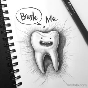 Эскиз татуировки: мультяшный зуб с улыбкой и надписью 'Brush Me' на белом фоне, выполненный карандашом.