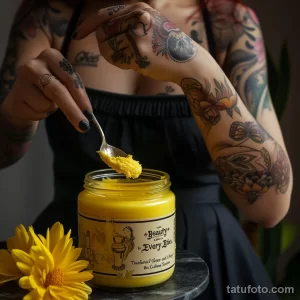 Фотография девушки с татуировками на руке и плече, пробующей мед ложкой из банки.