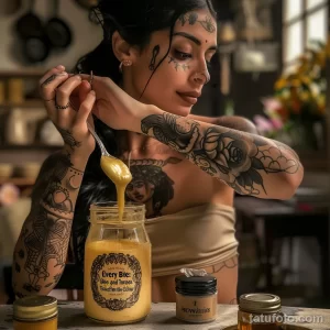 Фотография девушки с множеством татуировок на теле, пробующей мед с ложки, на фоне ярких цветов и банок с продуктами.