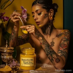 Фотография молодой женщины с ярким макияжем и множеством татуировок на теле, держащей банку с медом.