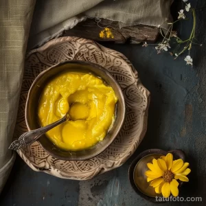 Фотография золотистого индийского десерта в глиняной чаше, украшенного ложкой и цветком. Идеально для иллюстрации кулинарных традиций.