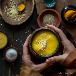 Руки держат чашу с топленым маслом Гхи, украшенную семенами и специями. Атмосфера приготовления и здоровья.