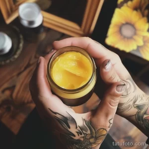 Фотография крупным планом стеклянной банки с желтым кремом для ухода за татуировками. На заднем плане видна картина с подсолнухами. Акцент на натуральности и органическом уходе.