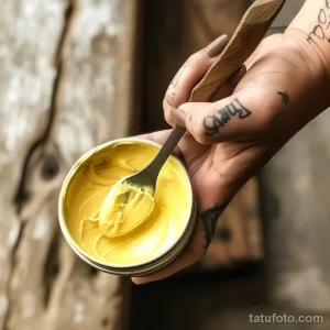 Фотография руки, держащей банку с желтым кремом для ухода за татуировками. На руке видны другие татуировки. Акцент на натуральности и органическом уходе.