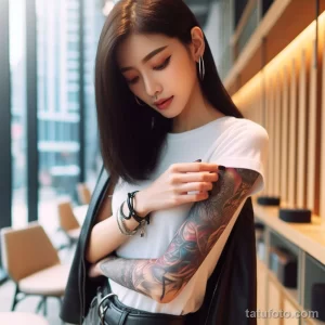 Фотография молодой девушки с длинными темными волосами, демонстрирующей татуировку на всю руку. Рисунок татуировки выполнен в японском стиле.