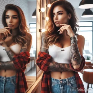 Фотография модной девушки в белом топе и джинсах с детализированной татуировкой на руке, отражающейся в зеркале.