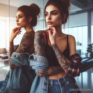 Фотография стильной девушки в джинсовой куртке с детализированной татуировкой на руке, отражающейся в зеркале.
