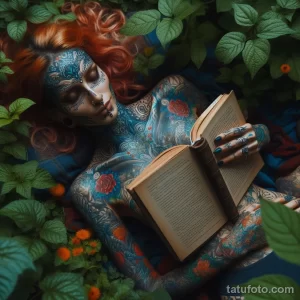Фото тату на теле девушки, лежащей в траве и читающей книгу. Тело покрыто яркими и детализированными рисунками в стиле акварель.