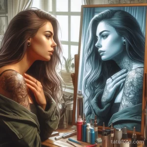 Фото тату на плече девушки, смотрящей в зеркало. Татуировка в стиле орнамент с изображением цветов и геометрических фигур.