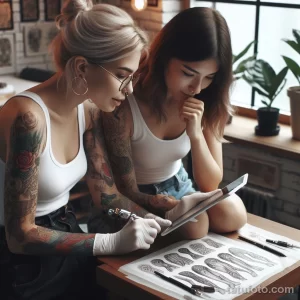 Фотография двух тату-мастеров, работающих над эскизом татуировки на планшете. На столе разложены инструменты для татуировки.