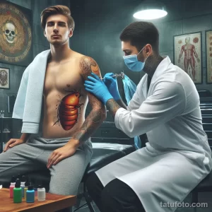 Фотография процесса нанесения татуировки жука на торс мужчины. Рисунок выполнен в реалистичном стиле с яркими цветами.