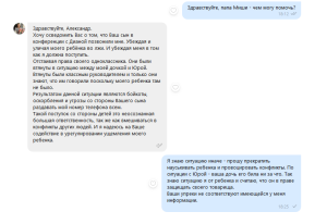 Скриншот переписки в мессенджере, где родитель жалуется на поведение сына, который якобы оскорбляет и угрожает одноклассникам.
