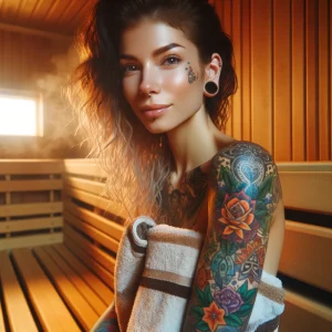 Фото тату на плече девушки: красочный цветочный рисунок с розами, павлином и геометрическими элементами. Яркие цвета и детализированная проработка.