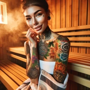 Фотография молодой девушки с множеством ярких татуировок на шее, плечах и руках. Видны изображения цветов, узоров и абстрактных рисунков. Также присутствует пирсинг.
