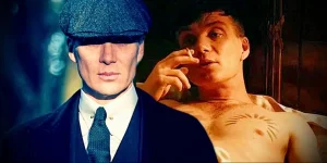 Фото татуировки с изображением двух главных героев сериала 'Peaky Blinders' - Томми и Артура Шелби. Татуировка выполнена в реалистичном стиле.