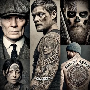 Коллаж из татуировок с изображением персонажей сериалов 'Peaky Blinders' и 'Sons of Anarchy', а также других известных личностей. Идеально для поклонников сериалов и тату.