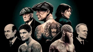 Фото татуировок с изображением персонажей сериалов 'Peaky Blinders' и 'Sons of Anarchy' на фоне темного фона. Идеально для поклонников этих сериалов.