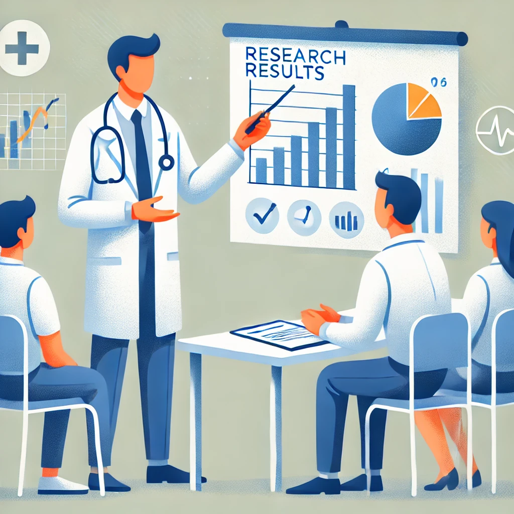 2024-07-24 16.06.05 - An image of a doctor explaining research results to a patient or an audience. The scene should include the doctor in a white coat using a chart or a p