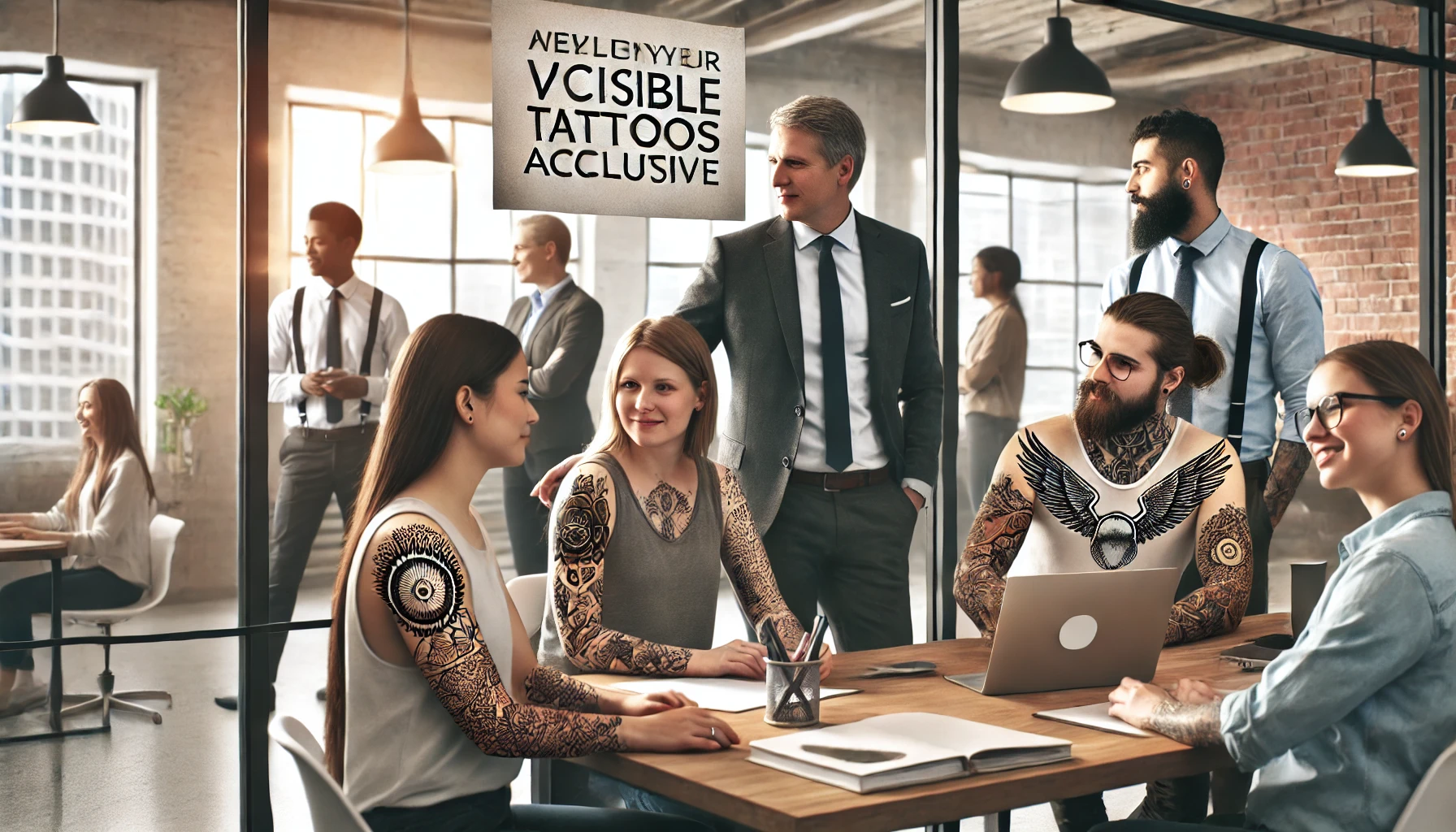 2024-07-24 16.57.14 - An image of an office environment where employees with visible tattoos are working together, demonstrating an inclusive corporate culture. The scene s
