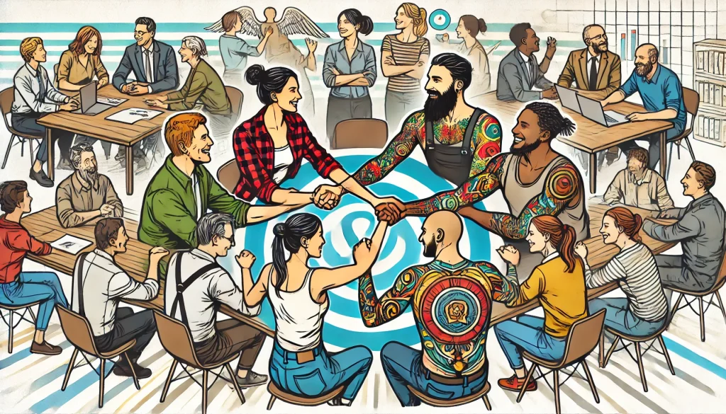 2024-07-24 16.57.17 - An image of people with and without tattoos working and interacting together in a harmonious and supportive environment. The scene should show diverse