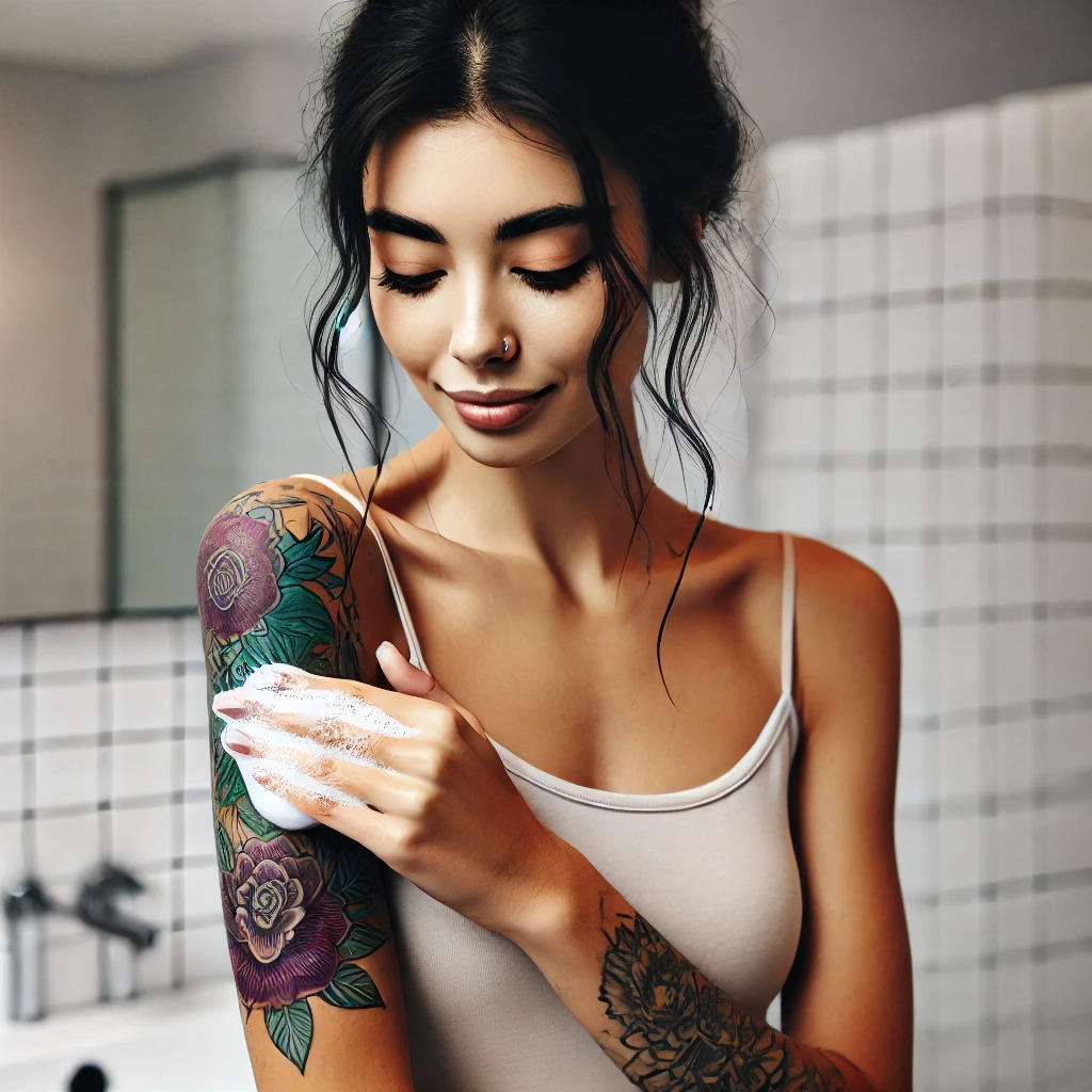 2024-07-24 17.34.33 - A beautiful young woman with visible tattoos on her arms and shoulders, gently washing her tattoo in a clean bathroom. The tattoo is on her forearm an