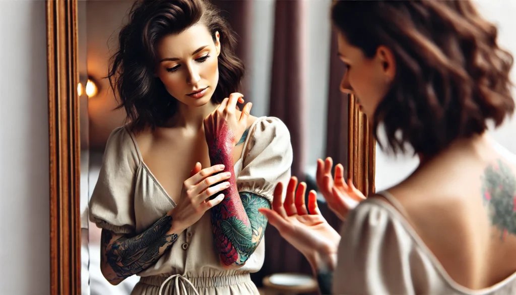 2024-07-24 17.36.39 - An image of a beautiful woman with tattoos on her arms, inspecting her red and inflamed tattoo on her forearm while standing in front of a mirror. The