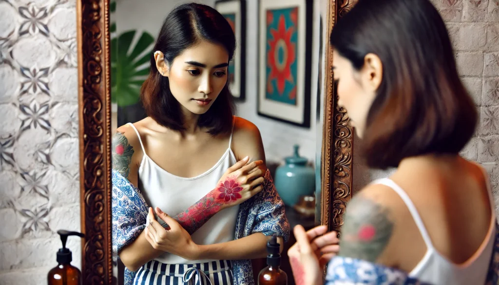 2024-07-24 17.36.41 - An image of a beautiful woman with tattoos on her arms, inspecting her red and inflamed tattoo on her forearm while standing in front of a mirror. The