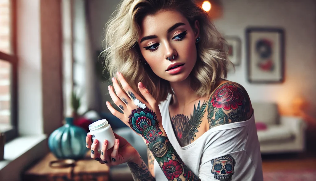 2024-07-24 17.36.44 - An image of a beautiful woman with tattoos, haphazardly applying an unsuitable cream to her inflamed tattoo in a home setting. The scene should show h