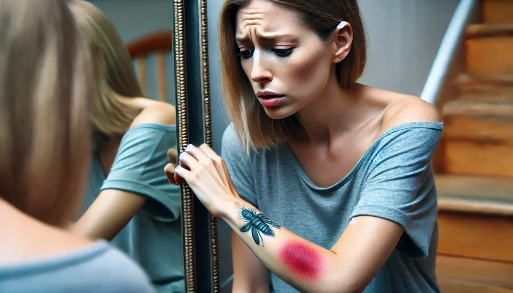 2024-07-24 17.52.05 - An image of a woman with a tattoo on her forearm, slightly red and inflamed, sitting in front of a mirror and looking worriedly at her tattoo. The sce