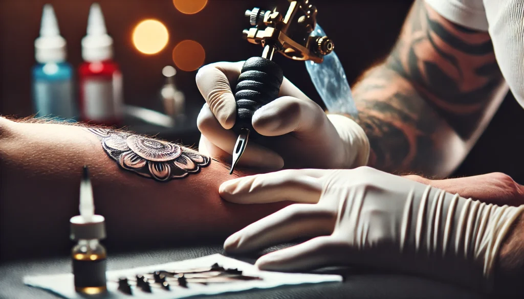 2024-07-24 17.52.10 - An image of a tattoo artist in the process of applying a tattoo on a client's skin, focusing on the technique and the tools being used. The scene shou