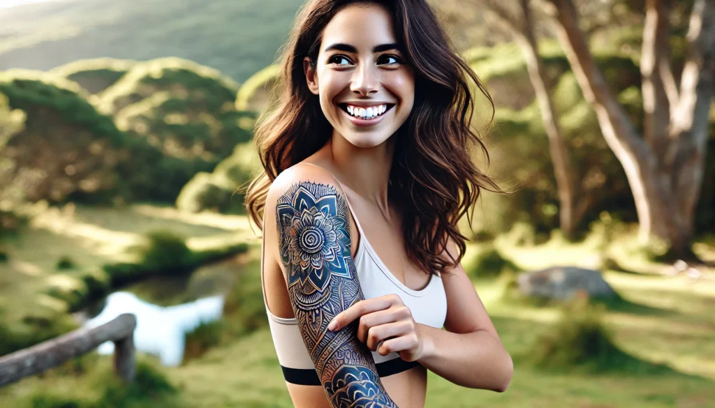 2024-07-24 17.52.28 - An image of a happy woman with a bright and clear tattoo on her forearm, smiling and proud of her artwork, standing against a natural landscape backgr